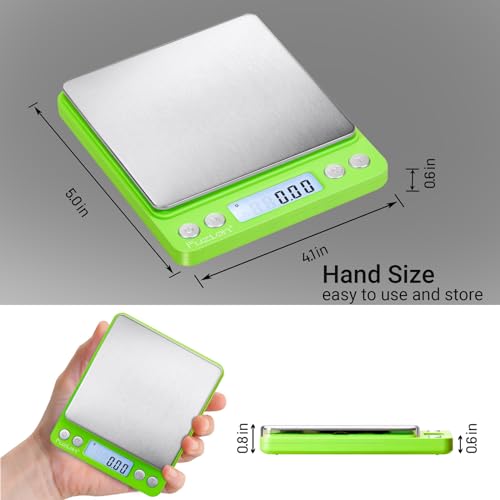 Fuzion Digital Scale .01 Gram Accuracy, 500g Small Kitchen Food Scales | 2 Trays Included for Jewelry, Gold, Herb, Powder, Spice, Coffee, Coin - Weight Gram and Oz - color: Green