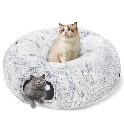 Baseola Fuzzy Cat Tunnel Bed for Indoor Cats, 2-in-1 Interactive Cat Toys | Peekaboo Cat Cave with Washable Mat, Collapsible Cat Play Tunnel for Kittens & Small Pets, Plush Cat Donut Bed Tunnel, Grey - color: Grey