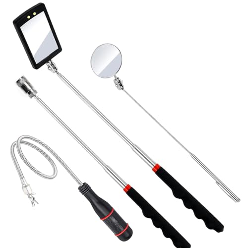 Telescoping Magnetic Pickup Tool Set, Telescopic Inspection Mirror | Flexible Bendable Spring Magnet Stick, LED Flashlight Pickup Rod, Cool Gadgets for Men