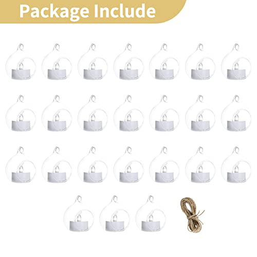 NUPTIO Hanging TeaLight Candle Holder: 24Pcs 2.36in Tree Tea Light Holders with LED Candles Small Glass Globes Ornament Clear Round Mini Terrarium Containers for Wedding Party Tree Decoration | Includes Flameless Votives, 2.36-Inch Clear Globes, Ready to