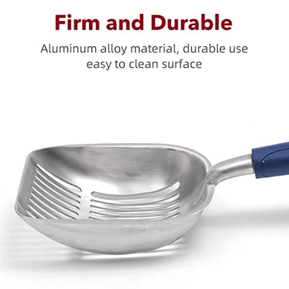 Cat Litter Scoop, Kitty Metal Scooper, Aluminum Alloy Sifter, Kitten Pooper Lifter, Deep Shovel, Long Handle, Poop Sifting, Durable, Heavy Duty, for Litter Box - color: Flat Aluminum-Blue Handle, size: Large