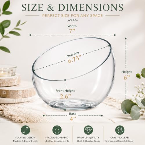 Slant Cut Bowl Glass, Glass Fish Bowl Vase, 6" Height x 7" Width Fruit Jar, Candy Dish, Clear Terraium, Flower Centerpiece - size: Slant Bubble Bowl : 6" Height x 7" Width