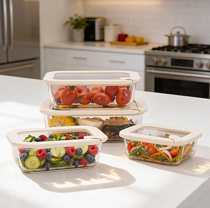 Glass Food Storage Containers with Glass Lids, Microwave Safe Food Container Set, Aitight Meal Prep Container Set, LeakProof, 100% Plastic Free, 4 Pack - color: ‎Ivory White -4p