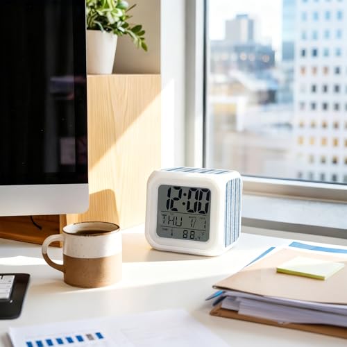 Abstract Blue Stripes Alarm Clock, Rustic Watercolor Denim Striped Classic Digital Clock Night Light with 7 Color, Calendar Temperature Display, NightLight Clock for Bedroom, 3.2x3.2in - color: Blue, Navy, White