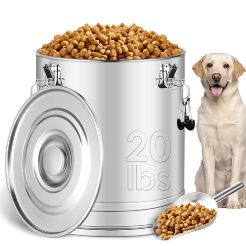 Stainless Steel Dog Food Storage Container,20LB/25LB Airtight Dog Food Storage Container with Lid to Keep Fresh,Easy Clean Large Pet Food Storage Container with Scoop for Cat Food,Chicken Feed,Rice - size: 20 LBS