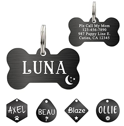 Dog Tags Personalized for Pets with up to 5 Deep Engraved Lines, Brushed Stainless Steel Custom Dog Name Tag and Cat Tags, Engraved on Both Sides in Bone, Heart, Hexagon and More Shapes - size: Large