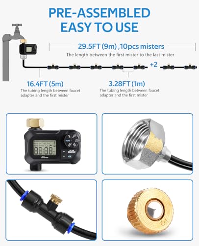 Automatic Misting Cooling System with Timer, 46FT Misting Line | 10 Brass Nozzles, 3/4" Brass Adapter, For Patio Misting, Grenhouse Watering & Chicken Coop Cooling - size: 46FT / 14M