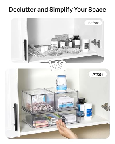 Vtopmart Stackable Storage Drawers Set of 3,Clear Plastic Organizer Bins for Makeup, Cosmetics, Beauty Supplies,Ideal for Vanity, Bathroom,Cabinet,Pantry Organization - style: 2 Small+1 Wide