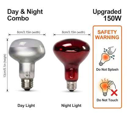 2Pack 150W Reptile Heat Lamp, Day & Night Basking Lamp Combo | UVA Daylight Heat Bulb & Infrared Red Night Heating Light, Terrarium Heat Lamps for Reptiles, Bearded Dragon, Lizard, Chicken