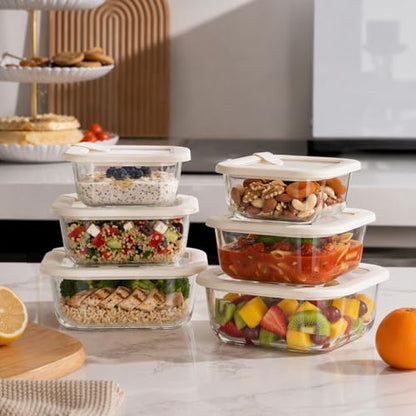 Glass Food Storage Containers with Glass Lids, Microwave Safe Food Container Set, Airtight Meal Prep Containers, LeakProof, 100% Plastic Free, 6 Pack - color: ‎Ivory White -6p