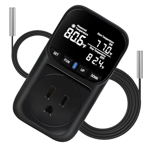 1800W Digital Thermostat for Reptile Tank, -40℉~210℉, Plug in Thermostat for Heater/Greenhouse with 5m/2m Cable, 15A Temperature Controlled Outlet with VA Display, Temp ±0.1°F, Black - color: Plug In-black