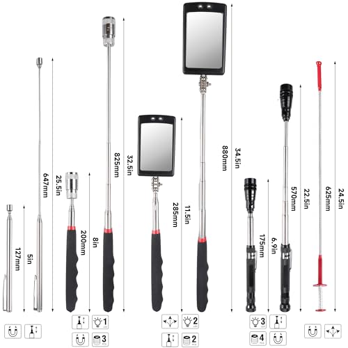 Telescoping Magnetic Pickup Tool Set | Inspection Mirrors and Four Claw Grabber Tool | Flexible LED Flashlight | Magnet Stick | Cool Gadgets for Men | Gifts for Husband