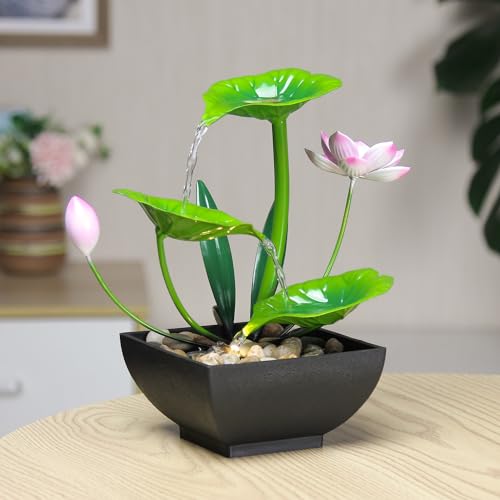 Water Fountain Indoor Waterfall Fountain 3-Tier Tabletop Fountain Lotus Desk Relaxation Home Decor Including Lots of Rocks and Soothing Sound Machine (Green 1) - style: whisper of lotus