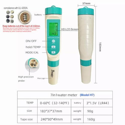7 in 1 Water Quality Tester Pen Meter for Pools, Drinking Water Aquariums hydroponic Cooking Tester Measure Water by 7 parameters: PH/TDS/EC/ORP/S.G/Water Salinity/Temp - style: 7 in 1 PH/TDS/EC/ORP/S.G/Water Salinity/Temp
