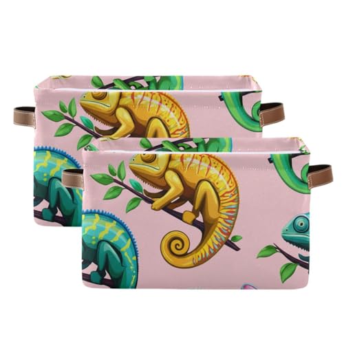 Tropical Reptiles Pattern Storage Bins Collapsible Storage Basket with Metal Frame, Fabric Shelves Bins Closet Baskets with Handles, 2-Pack - size: 2 Pack