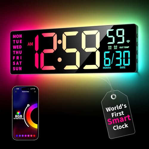 EASYERA Smart Digital Wall Clock App Control, 16.5” Large RGB Clock | DIY Color, LED Display, Auto DST, Plug-In, Music Sync | Classroom Home Gym Gaming