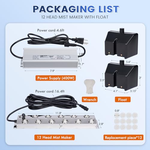 Ultrasonic Mist Maker 12 Heads, 9000mL/H Pond Fogger with 400W Power Supply Buoy Replacement Discs for Pond, Garden, Rockery, Greenhouse,Mushroom Halloween Decoration (12 Heads) - style: 12 Heads