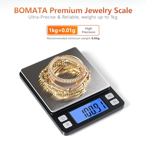 BOMATA 0.01g High Precision Jewelry Scale, 1000g Digital Gram Scale, Black | Small & Portable Design with Hold, Tare & Counting Function, Precise for Gold, Bullion, Coins, Gemstones & Crafts - color: Black