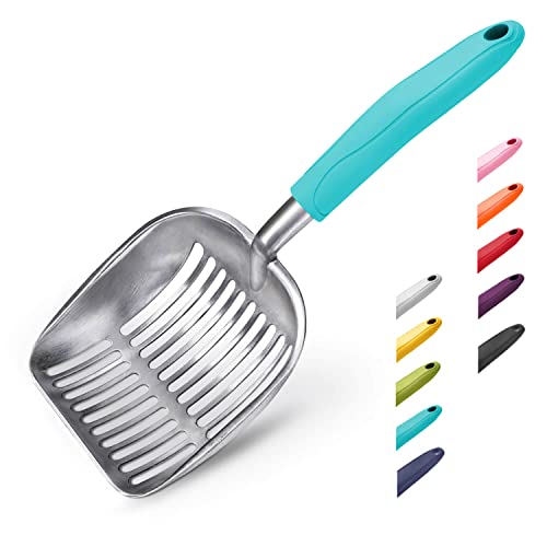 Cat Litter Scoop, Aluminum Alloy Sifter, Kitty Metal Scooper, Deep Shovel, Long Handle, Poop Sifting, Kitten Pooper Lifter, Durable, Heavy Duty, for Litter Box - color: FLAT Aluminum \ #02 Turkish Blue Handle, size: Large