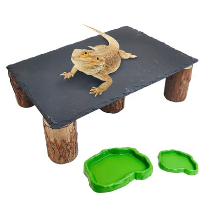 Bearded Dragon Basking Platform 3Pcs Reptile Basking Rocks with Wooden Pile Natural Lizard Hideout 2-in-1 Tortoise Tank Accessories for Leopard Geckos Ball Pythons Turtle (11.81×7.87inches) - size: Large