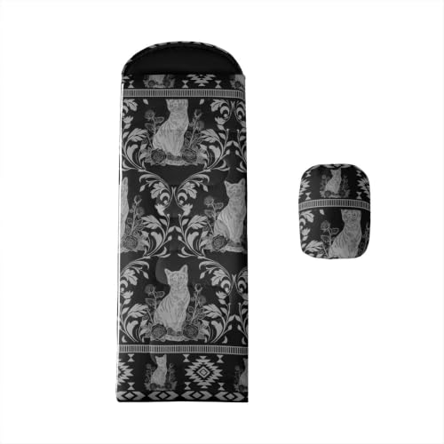 Erosebridal Longhorn Cow Skull Sleeping Bag for Kids Goth Witchy Damask Camping Blanket for Hiking Travel Hunting Sleep Bag - color: Black Little Cats
