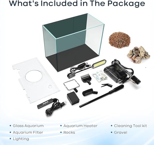 3 Gallon Small Fish Tank Glass Aquarium Set, Starter Kit with Heater Water Pump Cleaning Filter Bright Light Rocks Gravel Cleaning Tool, Leak-Proof Clear Rimless Desktop Spaces Saving Betta Fish - size: 3 Gallon