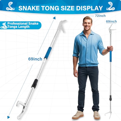 Snake Grabber Tool, 69" Snake Tongs Grabber for Rattlesnake Heavy Duty Professional Folding Snake Feeding Tongs Wide Jaw Snake Handling Tool Long Hndle Stainless Steel Tube Sponge Handle