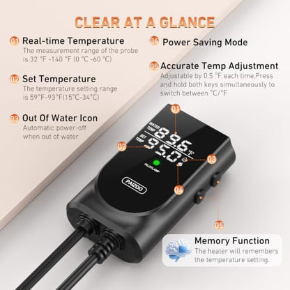 PAIZOO 50W Aquarium Heater, Low Water Line Turtle Heater LED Controller | Low Water Level Design, Real-time Temp Display, Dual Temp Control System, Energy-saving Mode, Precise Temp Control - size: 50W(5-10Gal)