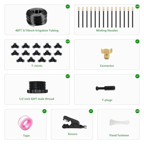 40FT Drip Irrigation System for Garden – Automatic Watering Kit with Solid Brass Metal Connectors, 360° Bendable Tubing & 14 Adjustable Nozzles for Greenhouse, Lawn, Yard & Plants - size: 40 FT