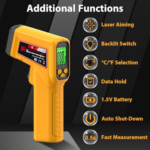 FKM Infrared Thermometer Gun Non-Contact Laser Temperature Gun,-58°F~986°F | Adjustable Emissivity,Digital IR Thermometer Gun for Cooking,Griddle,Pizza Oven,BBQ,HVAC,Automotive,Industrial,Not for Human - color: Yellow