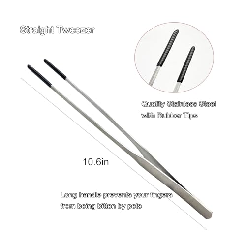 Stainless Steel Straight and Curved Tweezers Aquarium Tweezers with Rubber Tips Long Handle Reptile Feeding Tongs for Fish Tank Aquatic Plants, 2pcs, 10.6 Inch, Silver