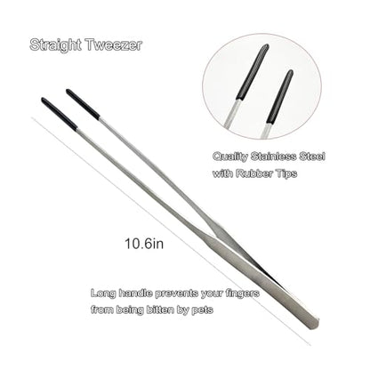 Stainless Steel Straight and Curved Tweezers Aquarium Tweezers with Rubber Tips Long Handle Reptile Feeding Tongs for Fish Tank Aquatic Plants, 2pcs, 10.6 Inch, Silver