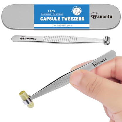 wananfu Round Tip Tweezers Kit(2 Tweezers, 304 Stainless Steel) for Filling Gelatin or Vegan Empty Capsules, and for Picking Pearls, Jewelry, Small Test Tubes