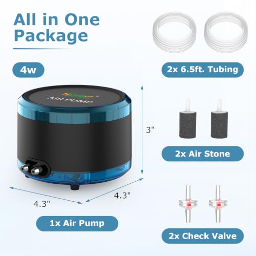 hygger Aquarium Air Pump Dual Outlet, Quiet Powerful Fish Tank Aerator 4W/8W, Adjustable Oxygen Pump with Air Stone, Bubbler for Fish Tank Up to 200 Gallon - size: 4W (Up to 120 Gallon)