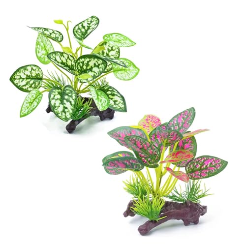 2pcs Reptile Artificial Plants, Terrarium Plants Decorations Supplies, Aquarium Fish Tank Plant, Amphibian Habitat Hideout Tank Accessories (White + Red Leaves)