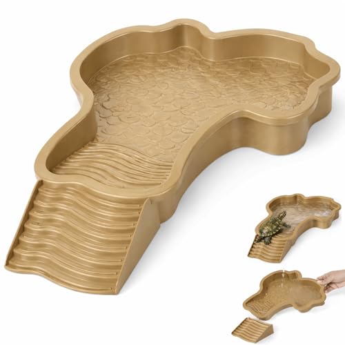 Large Turtle Water Bowl, Reptile Bathing Pool Tortoise Water Dish Bearded | Dragon Water Fountain Non-Slip Reptile Food Dish for Tortoise Gecko Lizard Snake Terrarium Habitat (Brown) - color: Brown