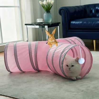 3-Way Collapsible Cat Tunnel Tube Toy Pink — Interactive Play Tunnel with Hanging Ball & Peek Hole for Indoor Cats, Kittens, Puppies & Rabbits | Hours of Fun & Exercise - color: Pink