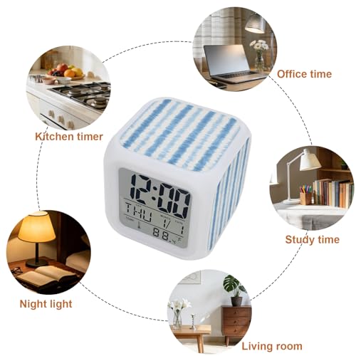 Abstract Blue Stripes Alarm Clock, Rustic Watercolor Denim Striped Classic Digital Clock Night Light with 7 Color, Calendar Temperature Display, NightLight Clock for Bedroom, 3.2x3.2in - color: Blue, Navy, White