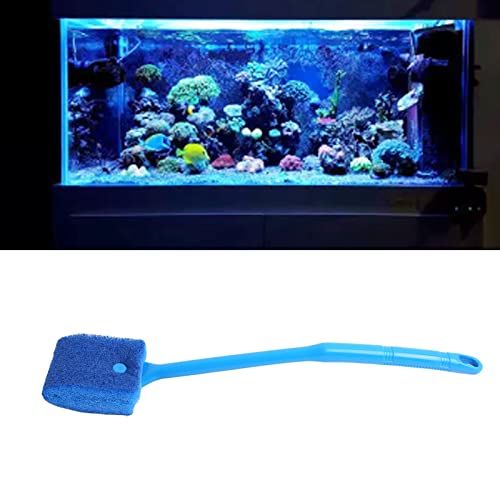 Aquarium Cleaning Brush, Double Sided Sponge Brush with Long Handle Seaweed Scraper for Aquarium with Hanging Holes for Aquarium Acrylic Glass(Blue)