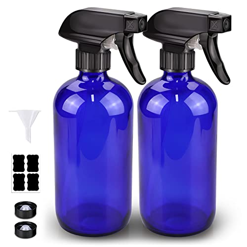 Bontip Glass Spray Bottle, Blue Glass Spray Bottle Set & Accessories Refillable for Plants Window Cleaners Aromatherapy Facial Hydration Watering Flowers Hair Care (2 Pack/16 oz) (Blue) - color: Blue, size: 16 Ounces