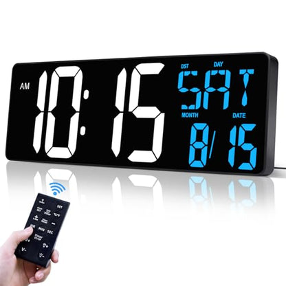 17" Large Digital Wall Clock with Remote, Auto Dimmer, Date Temp, Timer | Large clear display, Snooze function, Count up and down timer, Suitable for Living Room, Office, Gym Indoor Spaces - color: Ice Blue+ White