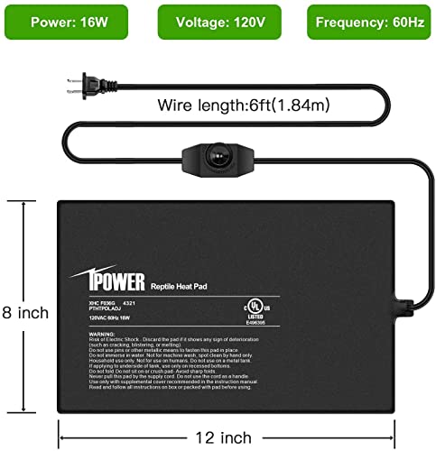 iPower 8X12 Inch 16 Watts Reptile Heating Mat with Adjustable Temperature Controller Under Tank Warmer Terrarium Heat Pad for Reptiles and Amphibians, for 30-40 Gallon Tank, 2 Pack - size: 8 X 12 Inch, style: 2 Pack with Adjustable Knob