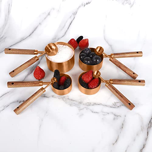 Collection 8 Piece Rose Gold Measuring Cups Set and Measuring Spoons, Golden With fragrant wood Handles-Complete Set of Measure Cups and Spoons For Cooking and Baking. - color: Copper