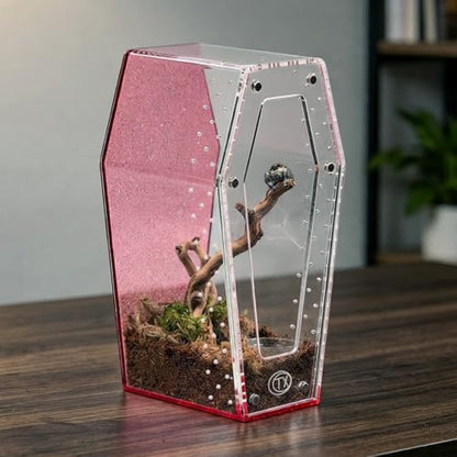 Glitter Acrylic Coffin Jumping Spider Enclosure - Gothic Terrarium Habitat with Magnetic Lid, Micro Reptile Breeding Box for Slings, Mantis, Isopods and Small Insects (Glitter Pink) - color: Glitter Pink