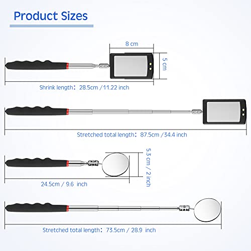 Frienda 2 Pcs LED Telescoping Inspection Mirror, Flexible Round Mirror Tool | Extendable Handle, Lighted Mirror Head, Flexible Neck, Auto Mechanic, Hard-to-Reach Area Inspection