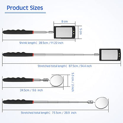 Frienda 2 Pcs LED Telescoping Inspection Mirror, Flexible Round Mirror Tool | Extendable Handle, Lighted Mirror Head, Flexible Neck, Auto Mechanic, Hard-to-Reach Area Inspection