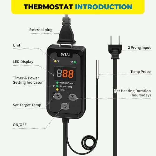 SYSAI Digital Thermostat Controller for Reptile Tank & Heat Mat, Seed Germination, Breeding & Home Brewing, 1A 100W, High Accuracy °F/°C Probe, 60-94°F