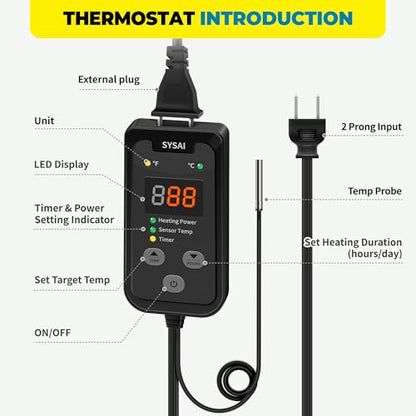 SYSAI Digital Thermostat Controller for Reptile Tank & Heat Mat, Seed Germination, Breeding & Home Brewing, 1A 100W, High Accuracy °F/°C Probe, 60-94°F