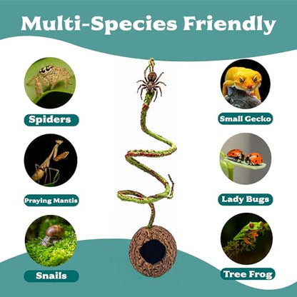 Resin Reptile Hide with Bendable Vine - Coconut Cave for Jumping Spiders, Tarantulas & Small Geckos - Terrarium Decor for Molting & Enrichment (3.4"x3.4"x7.9")