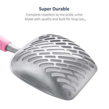 Cat Litter Scoop, Aluminum Alloy Sifter, Kitty Metal Scooper, Deep Shovel with Diagonal Sifting Hole, Long Handle, Kitten Poop Lifter for Litter Box, Medium Size, Pink Handle - color: #10 Pink, size: Medium